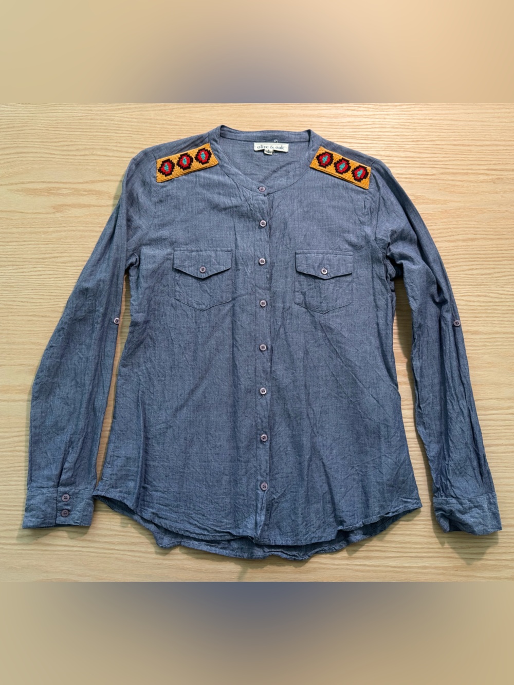 Olive & Oak Indigo Button-Down Shirt with Beaded Shoulder Accents